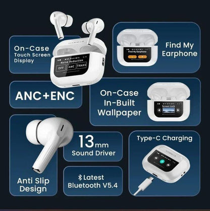 DISPLAY EARBUDS TOUCHSCREEN WITH ADVANCE FEATURE ANC+ENC BLUETOOTH HEADSET (WHITE, TRUE WIRELESS)