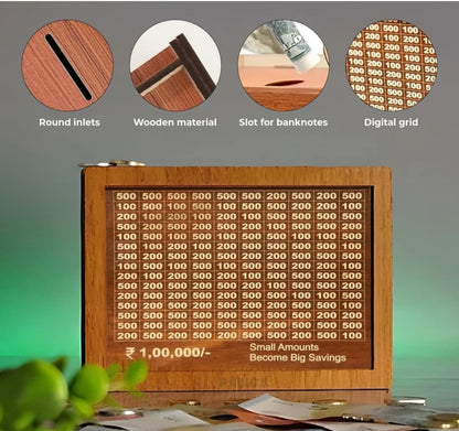 WOODEN PIGGY BANK MONEY SAVER BOX 100000 CASH COIN SAVING BOX GULLAK KIDS ADULTS COIN BANK (BROWN)